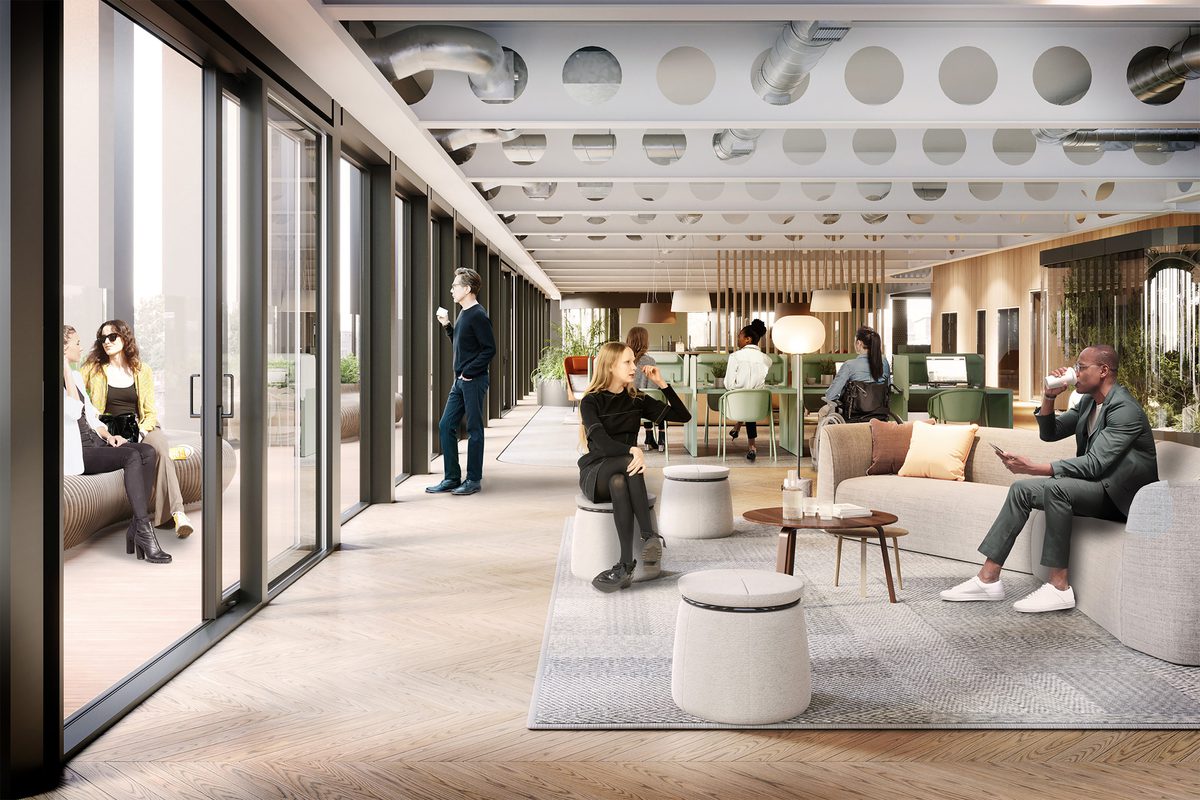 A visualisation of the interior communal space with comfortable seating areas and views out into the social exterior areas.