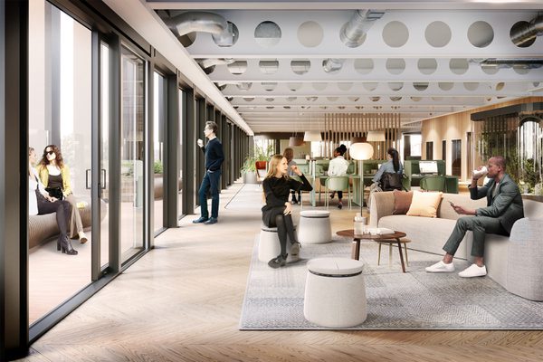 A visualisation of the interior communal space with comfortable seating areas and views out into the social exterior areas.