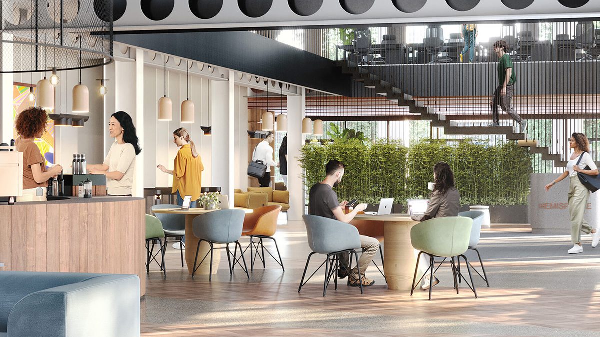 An visualisation of the interior communal space with comfortable chairs and tables, and people gathered, socialising.