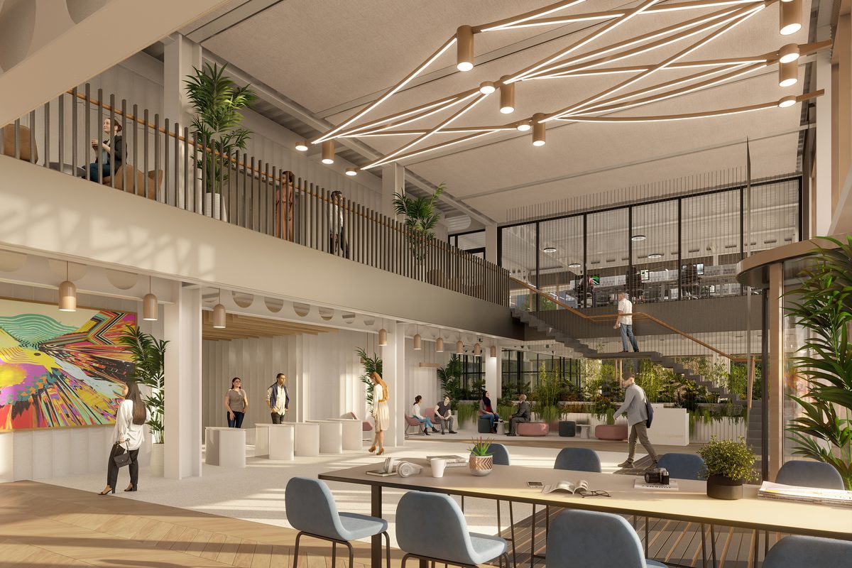 A visualisation of the internal entrance into the office building, with planting, artwork and comfortable seating in the foreground.