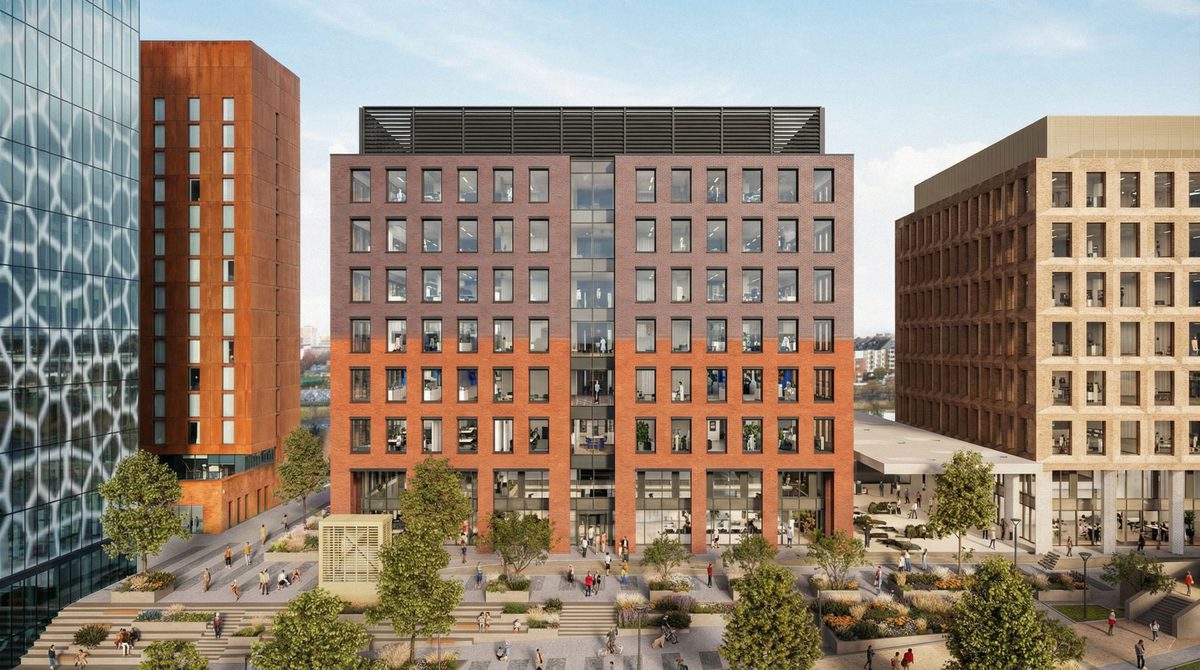A visualisation of the HEMISPHERE One office building showing its distinct brickwork facade set against its surroundings on Paddington Village in Liverpool.
