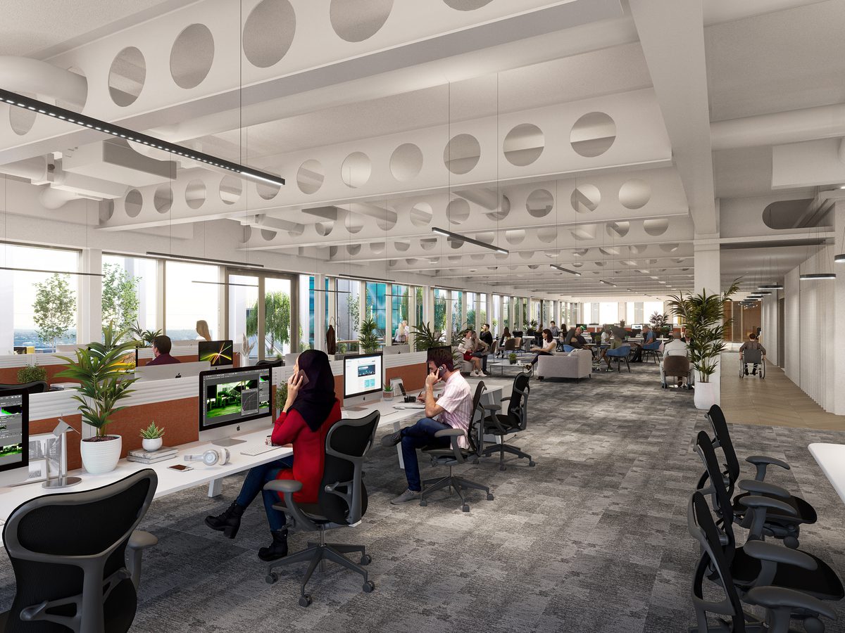 An interior visualisation of the shared working space inside the office building with rows of desks, planting and views out of the large windows.