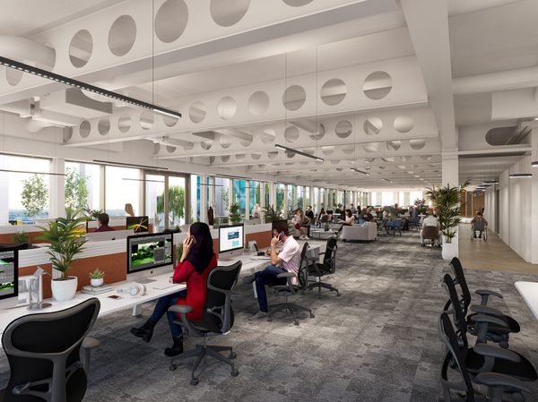 An interior visualisation of the shared working space inside the office building with rows of desks, planting and views out of the large windows.
