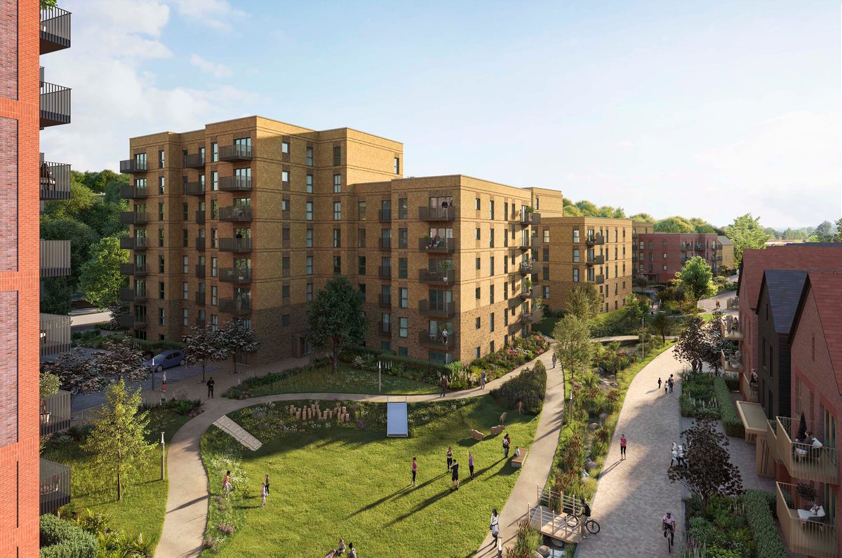 CGI of exterior of apartments and gardens within the Hemel Hempstead former Gasworks development.