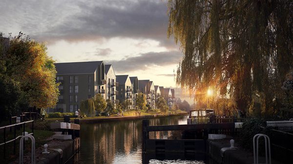 An exterior visualisation of the town houses at Hertford Gas Works showing their Canalside location.