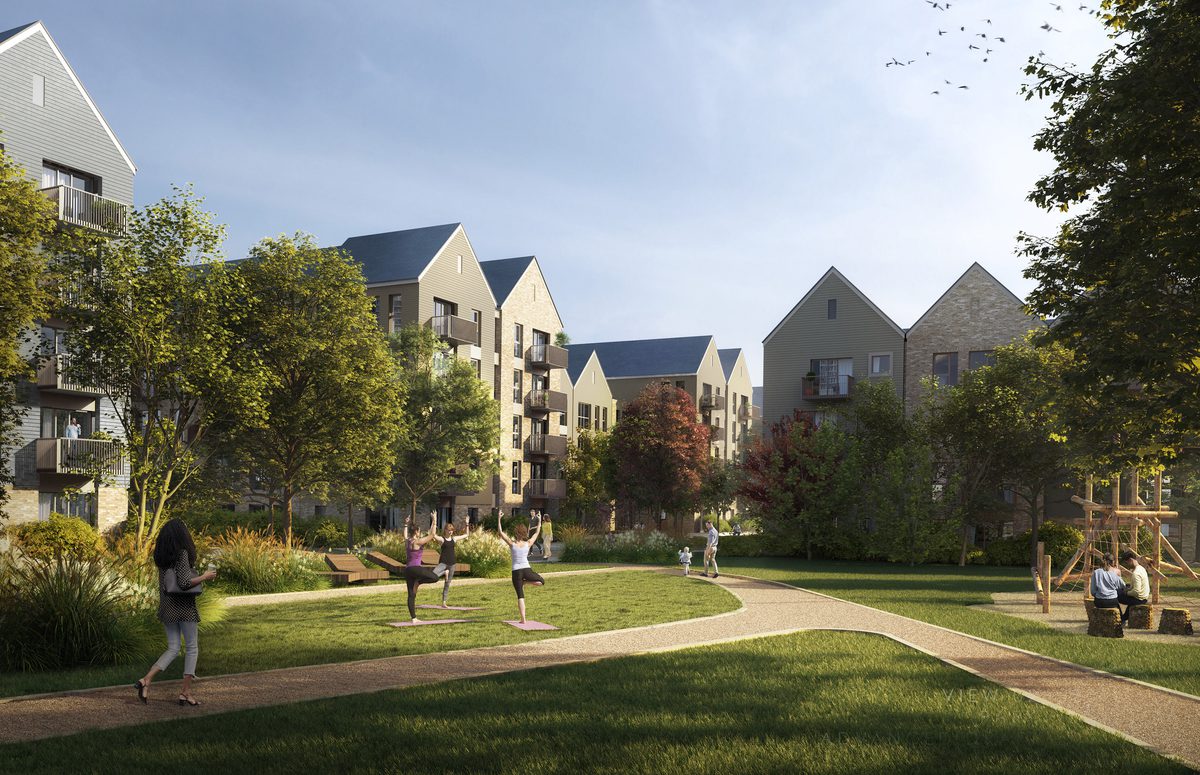 An exterior visualisation of showing the communal green spaces and the surrounding town houses at Hertford Gas Works.