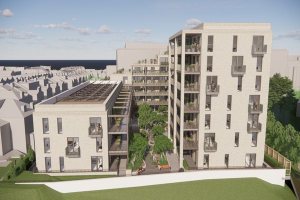 A visualisation of Hope Road showing the building and associated landscaping.