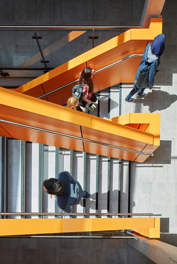 Aerial photograph of Joseph Priestley Building showing distinctive orange sculptural staircase and circulation.