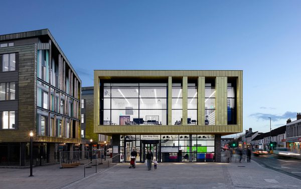 The exterior of Keynsham Civic Centre and One-Stop-Shop with surrounding public realm.