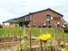 The landscaped outdoor area surrounding Kingsbrook View Primary Academy, with flowers in the foreground.