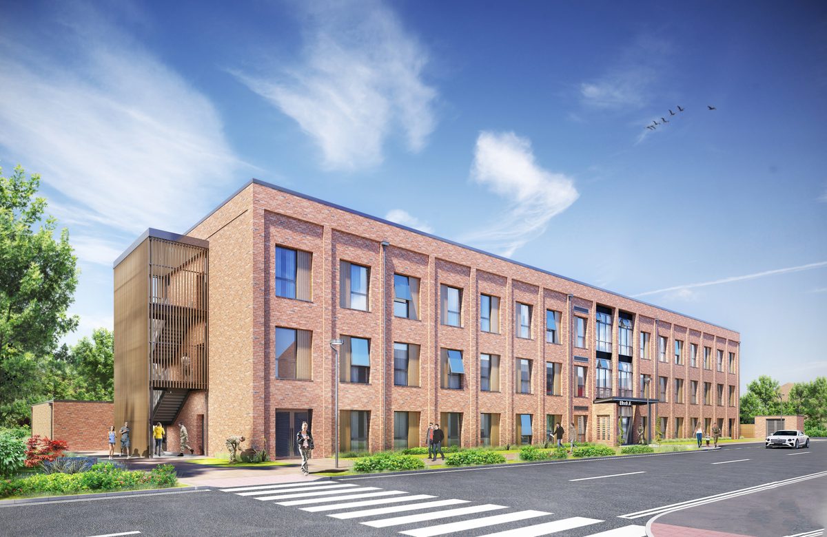 A visualisation of the rear of the single living accommodation block at Kinloss against the roadside with a zebra crossing in the foreground.