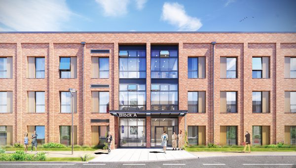 A visualisation of the entrance to the single living accommodation block at Kinloss with people interacting in the space in front.