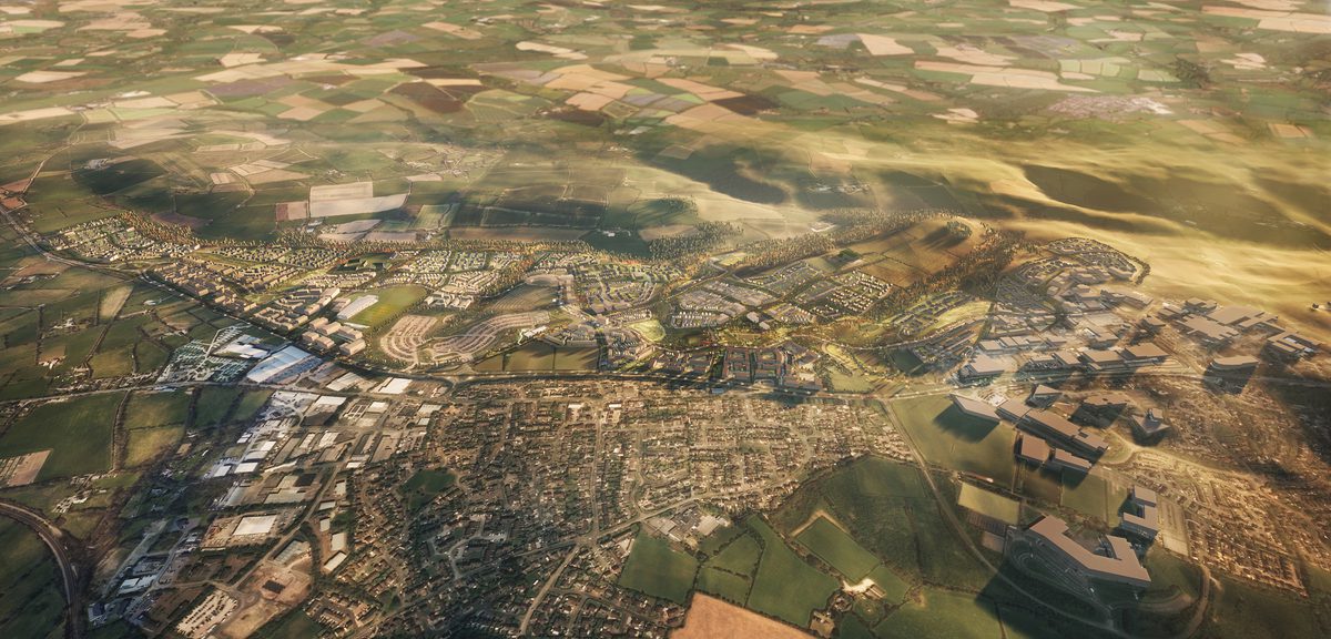 An aerial visualisation showing the scale of the complete Langarth Garden Village masterplan.