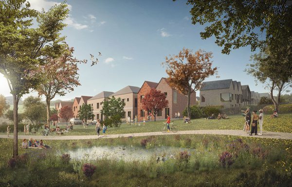An exterior visualisation showing part of Langarth Garden Village masterplan, with a variety of houses in the background and community enjoying the extensive green spaces in the foreground.