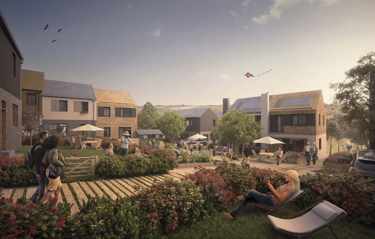 A visualisation of people enjoying the communal spaces and private gardens surrounding the residential development at Langarth Garden Village.