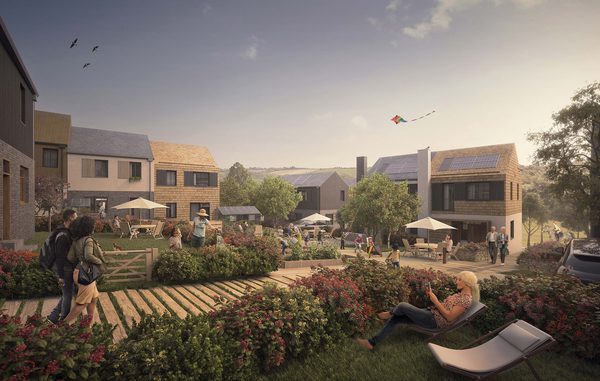 A visualisation of people enjoying the communal spaces and private gardens surrounding the residential development at Langarth Garden Village.