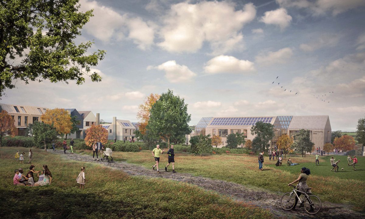 An exterior visualisation showing residents enjoying a variety of outdoor activities in a large communal green space in Langarth Garden Village masterplan, with a variety of houses in the background.