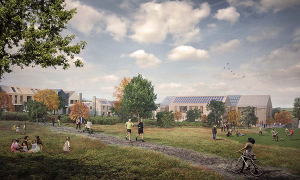 An exterior visualisation showing residents enjoying a variety of outdoor activities in a large communal green space in Langarth Garden Village masterplan, with a variety of houses in the background.