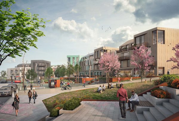 A visualisation of people enjoying the communal public square, with high levels of planting and retail spaces surrounding, at Langarth Garden Village.