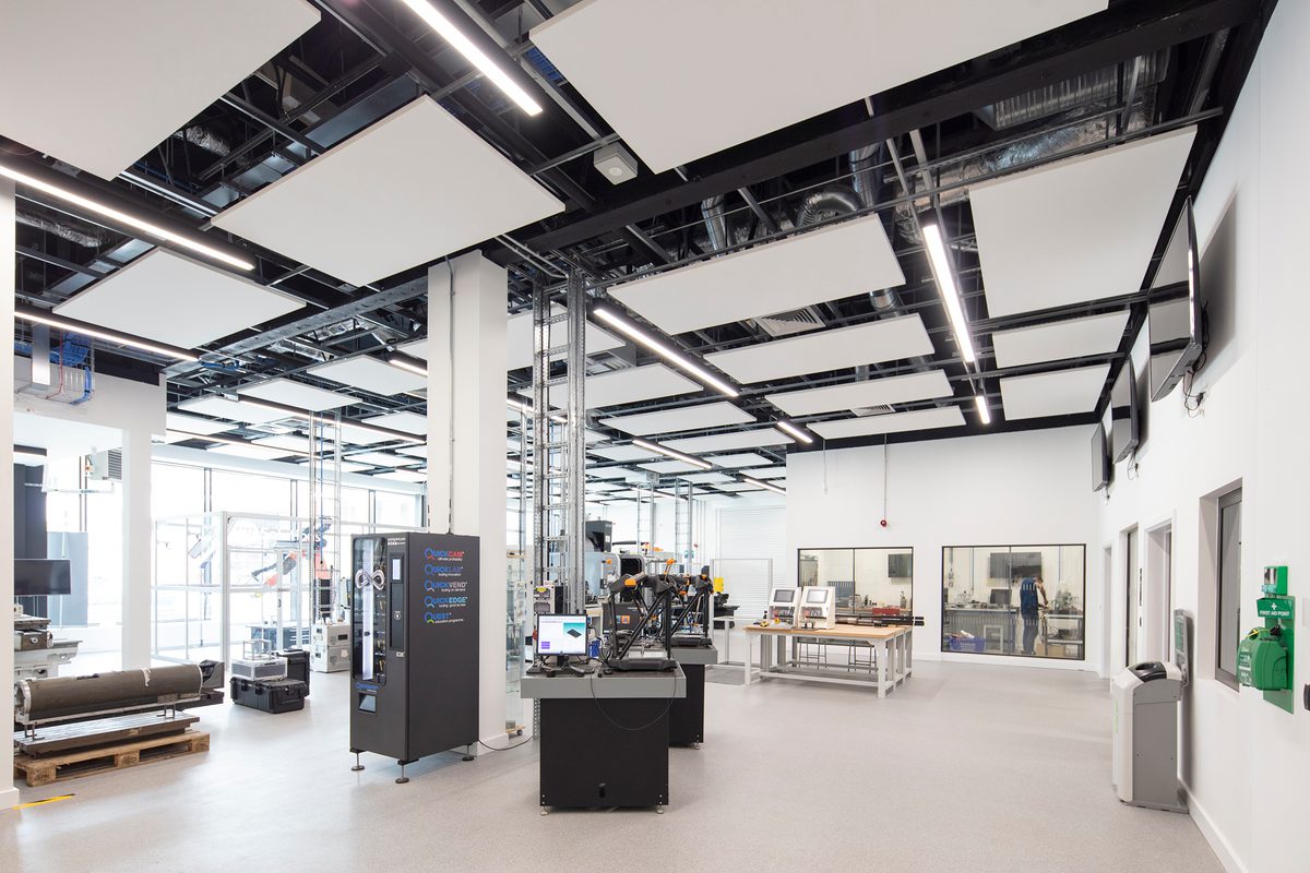 A large, open state of the art facility within the Laura Annie Wilson Building, with technical, specialist engineering equipment and windows to technical workshops.