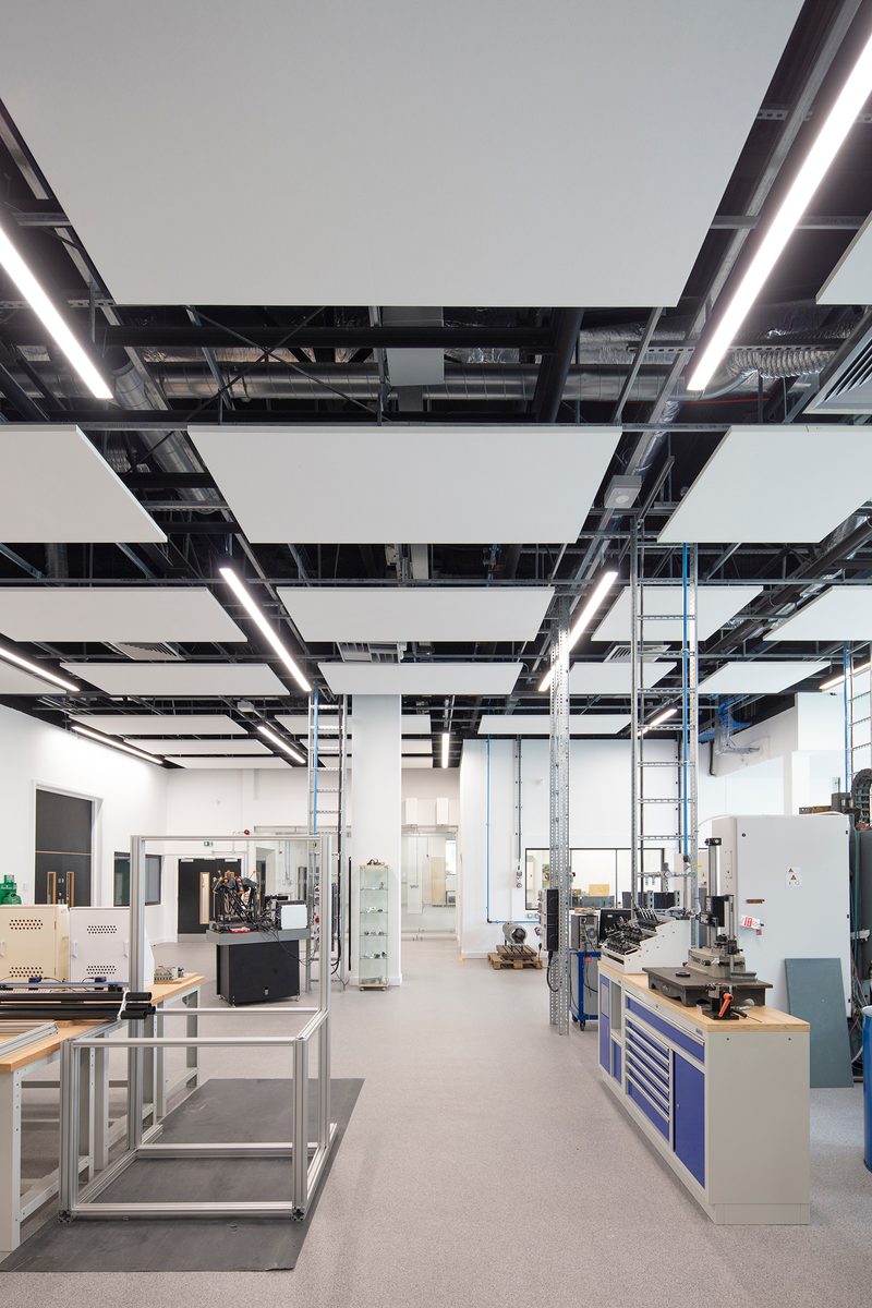 A state of the art facility within the Laura Annie Wilson Building, with technical, specialist engineering equipment and sound proofing equipment on the ceiling.