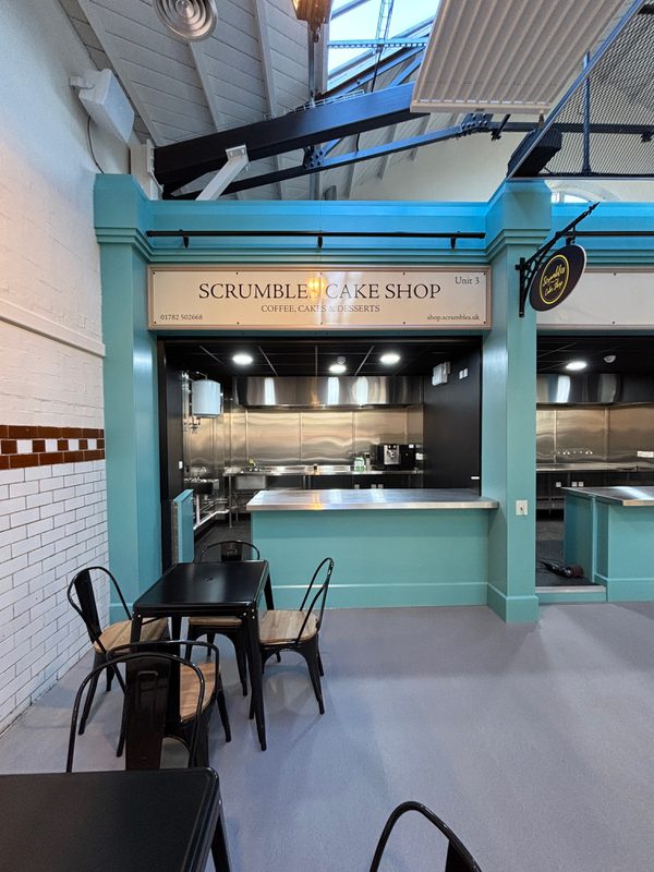 A cake shop vendor inside the refurbished indoor market at Leek.
