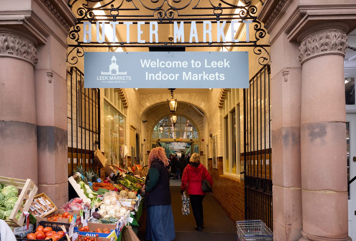 The external entrance to Leek's indoor market showing the retained columns from the existing building.
