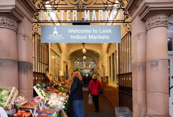 The external entrance to Leek's indoor market showing the retained columns from the existing building.