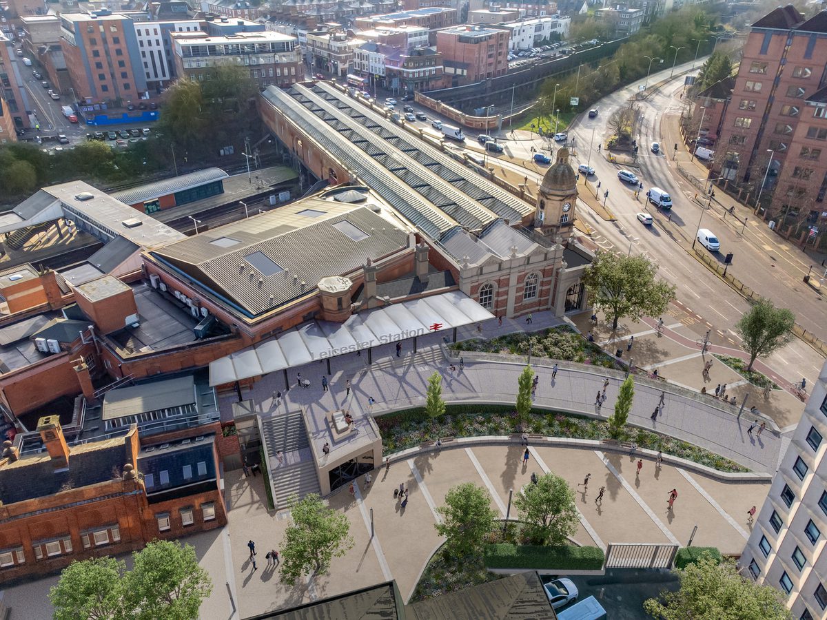 An aerial visualisation of the redesigned Leicester Station and a new pedestrian plaza.