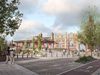 A visualisation with pedestrians in front of the redeveloped Victorian Leicester Station, with landscaped green spaces in front.t.