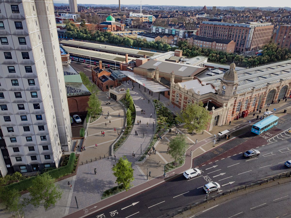 An aerial visualisation of the refurbished Leicester Train Station showing the scale of the development and its city centre position.