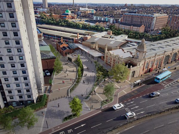 An aerial visualisation of the refurbished Leicester Train Station showing the scale of the development and its city centre position.