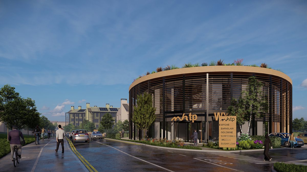 An exterior visualisation of the entrance to the Malvern technology park with pedestrians walking around the space.