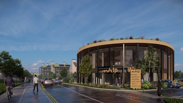 An exterior visualisation of the entrance to the Malvern technology park with pedestrians walking around the space.
