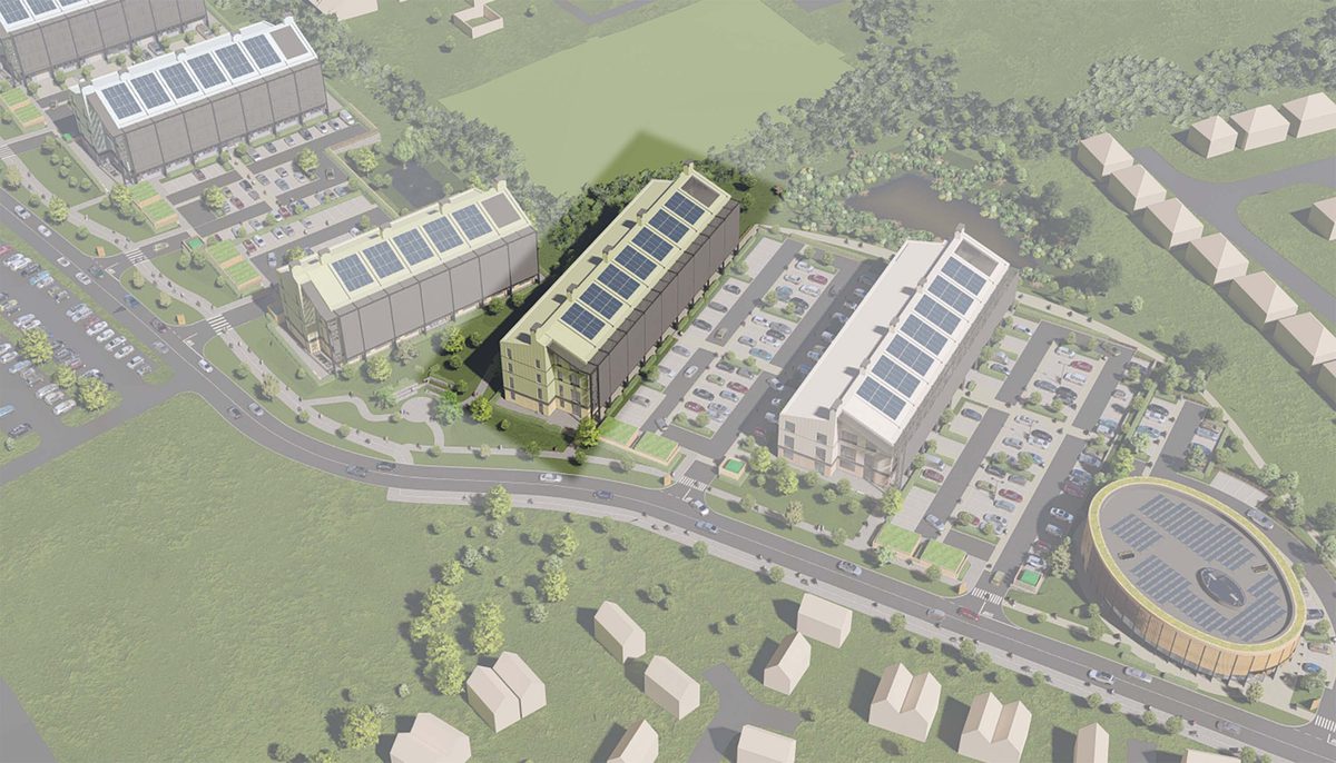 An aerial visualisation of Malvern technology park showing all the buildings in the development, with Plot C highlighted.