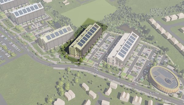 An aerial visualisation of Malvern technology park showing all the buildings in the development, with Plot C highlighted.