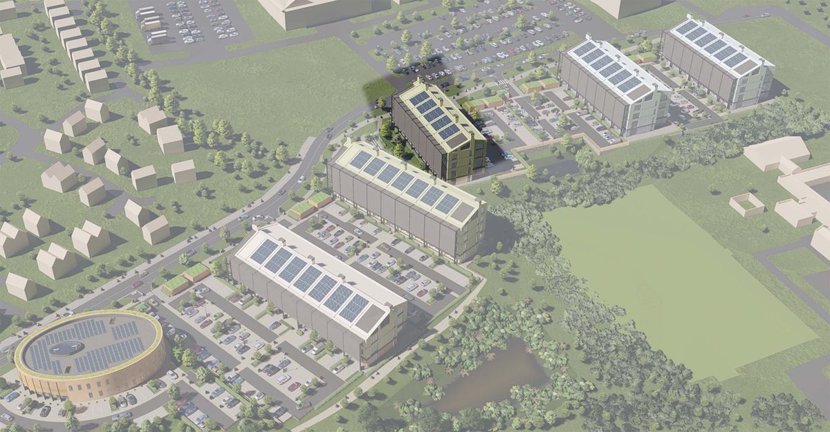 An aerial visualisation of Malvern technology park showing all the buildings in the development, with Plot D highlighted.