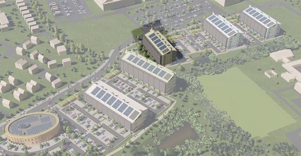 An aerial visualisation of Malvern technology park showing all the buildings in the development, with Plot D highlighted.
