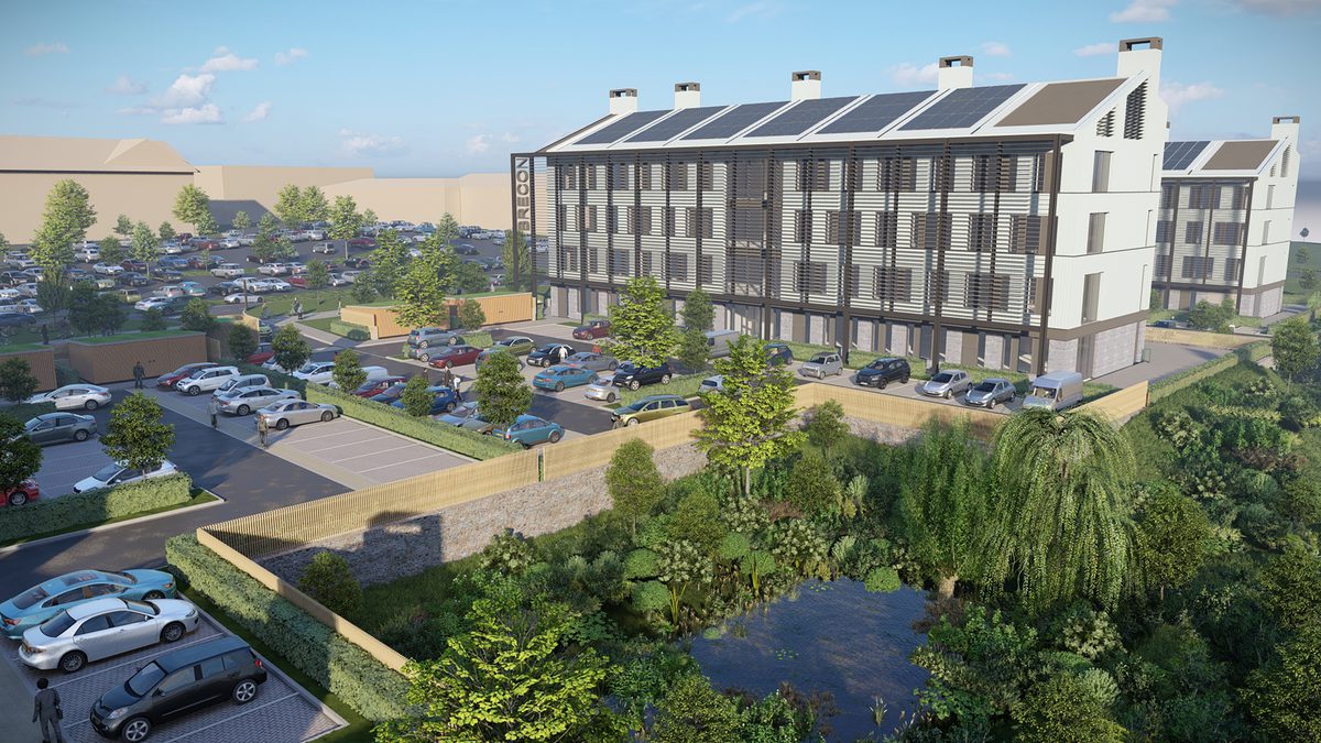 An exterior visualisation showing the entirety of the Malvern technology park and landscaped car parking facilities.
