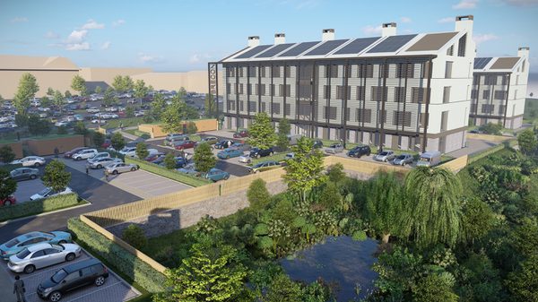 An exterior visualisation showing the entirety of the Malvern technology park and landscaped car parking facilities.