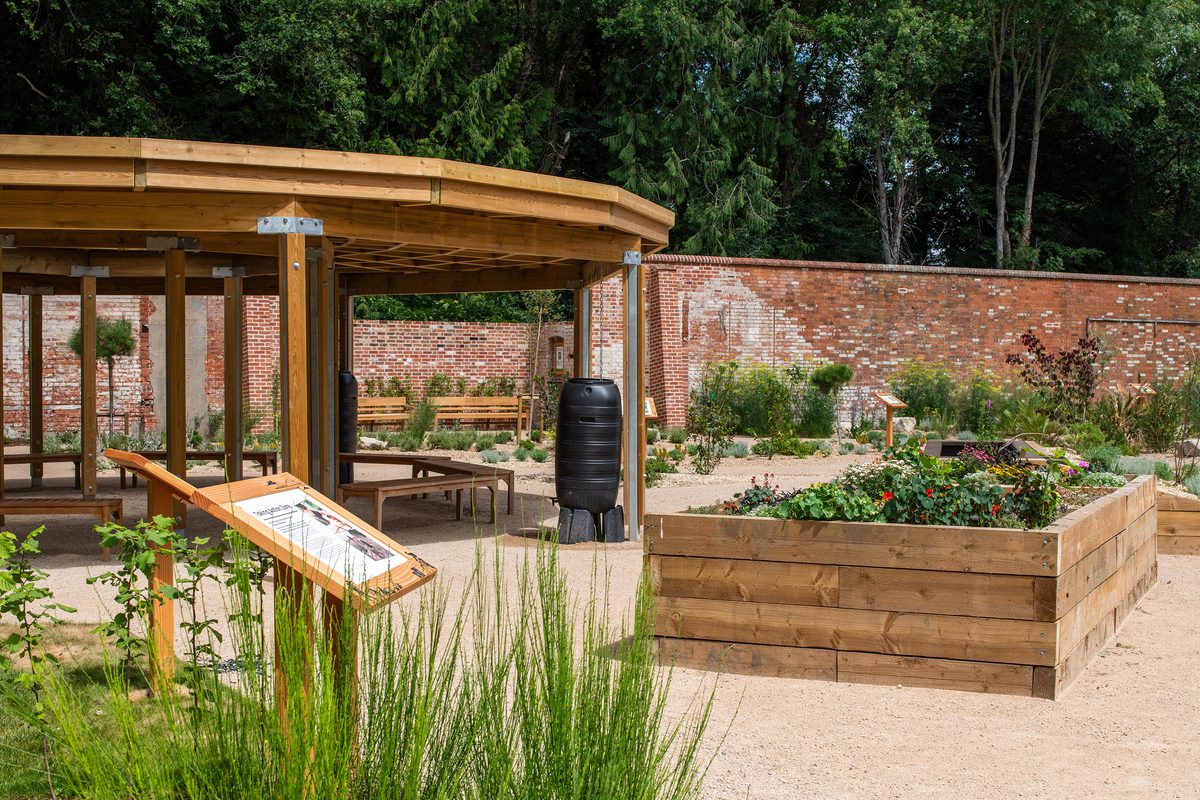 The canopy and large planters scattered across the University of Reading's nature park and garden.
