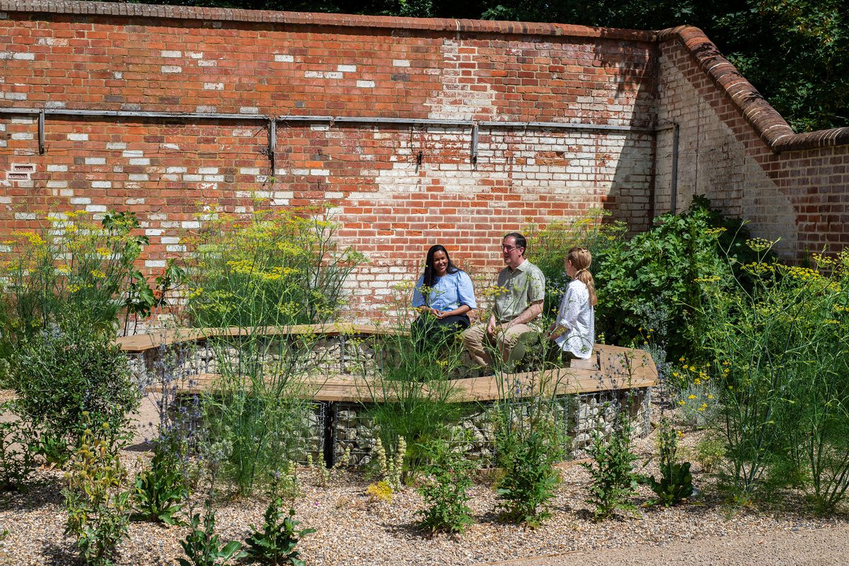 A group of visitors sitting and relaxing on the curved bences surrounded by potted plants and greenery in the University of Reading's nature park and learning garden.