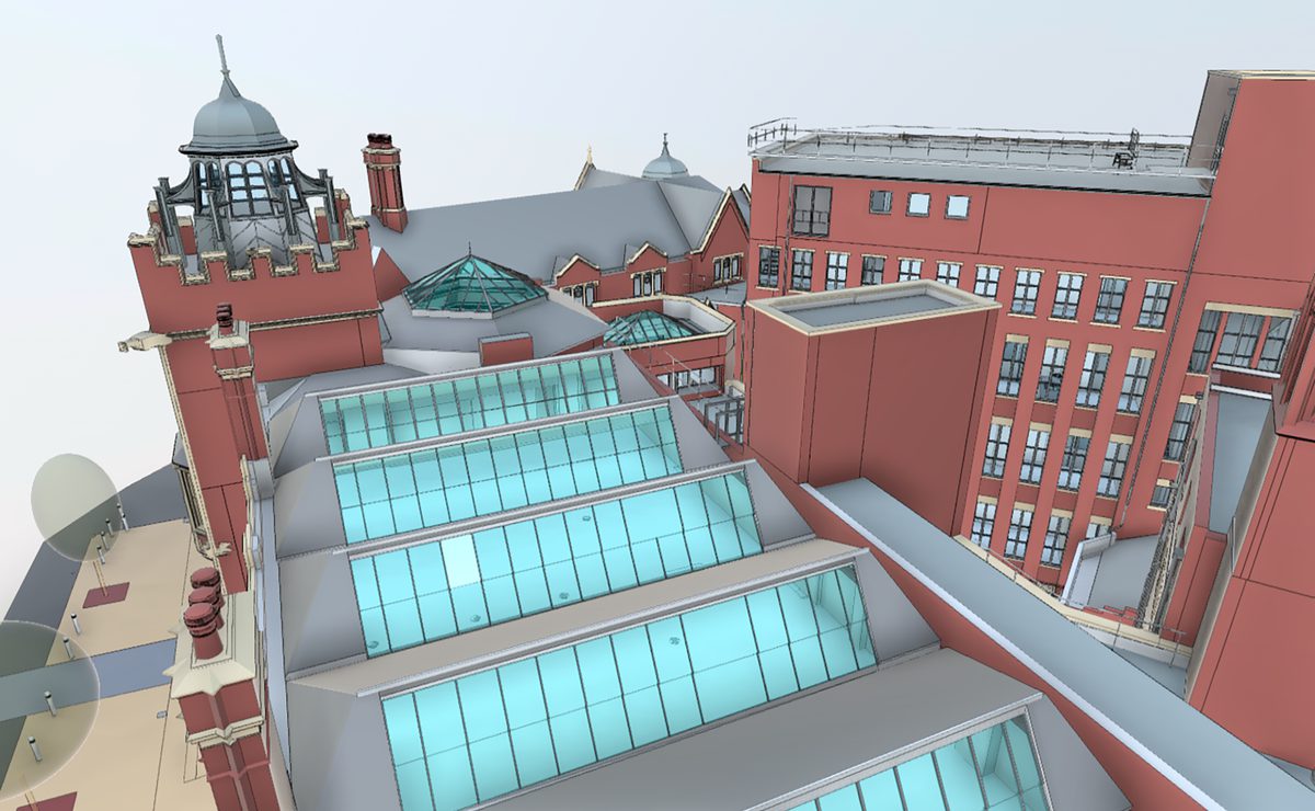 A closer aerial visualisation of the different roof forms and glazing structures.