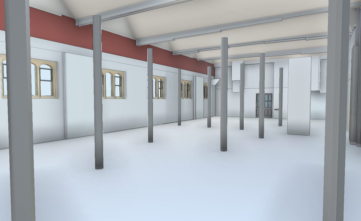 An internal 3D model showing the structural framework and spatial layout.