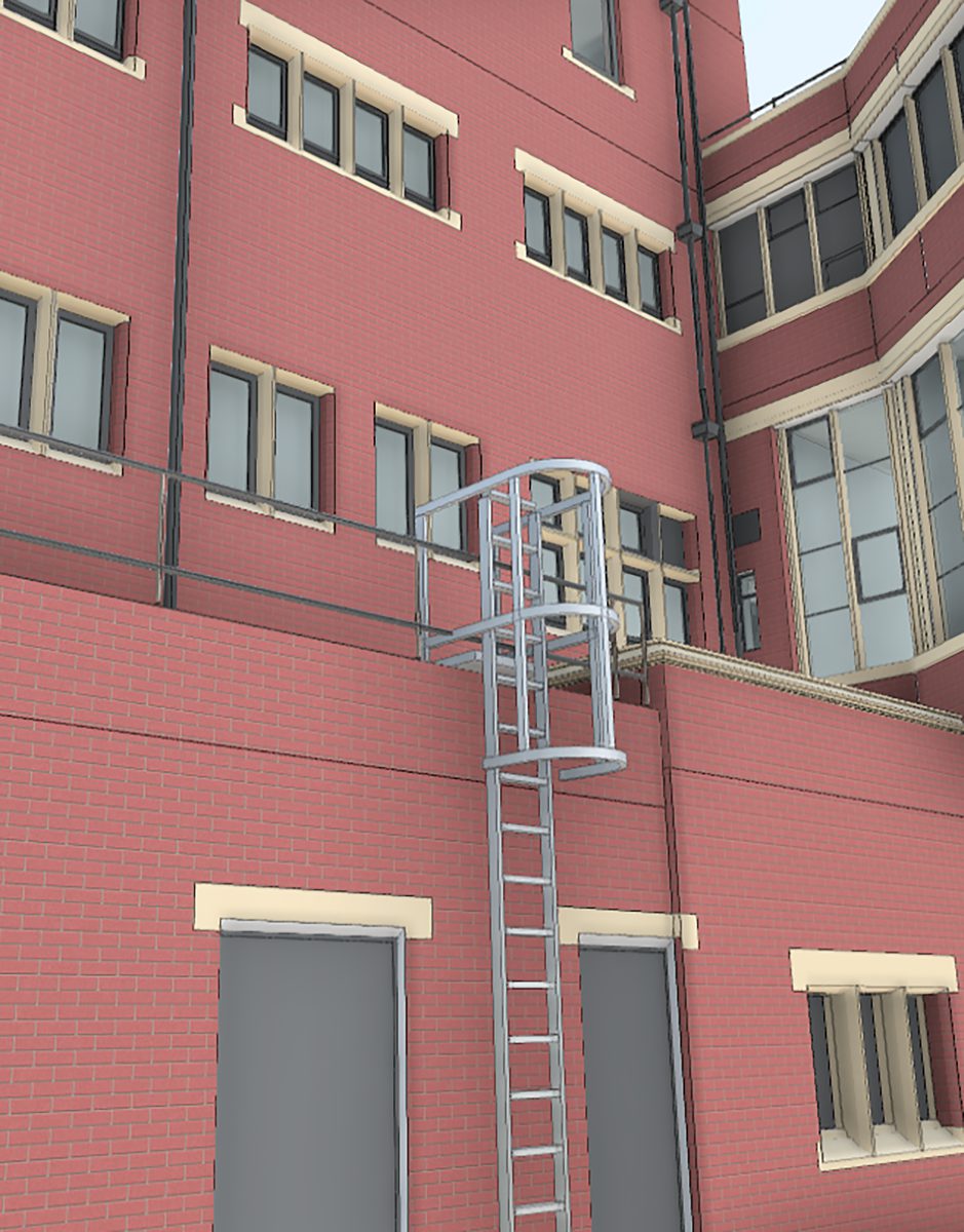 A close up 3D model of the fire escape ladder at the Old Medical School building.