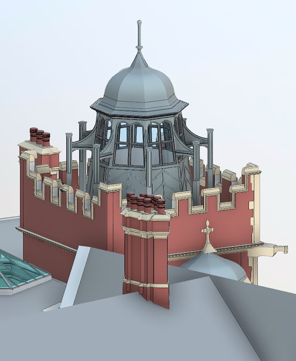 A visualisation of the tower showing some of the red brick work.