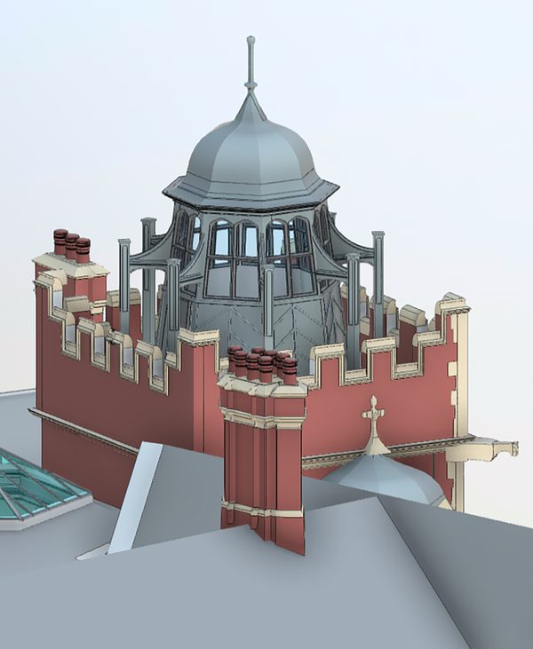 A visualisation of the tower showing some of the red brick work.
