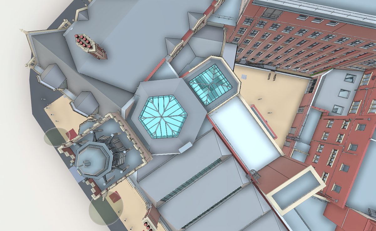 A bird's eye 3d visual capturing the range of roof forms of the Old Medical School building.