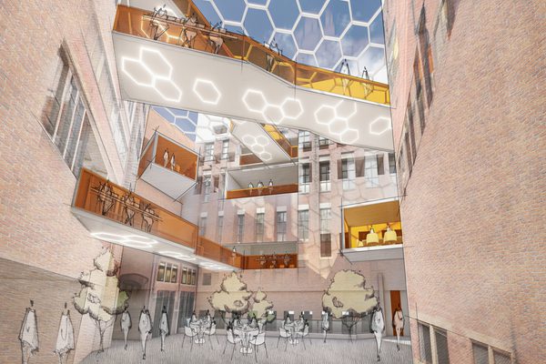 A visualised drawing of the internal atrium of the proposed redevelopment of the Old Medical School in Leeds.