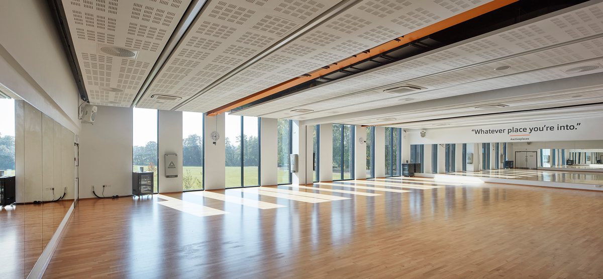 Inside the brightly lit studio showing the natural oak which mirrors the leisure centre's parkland environment,